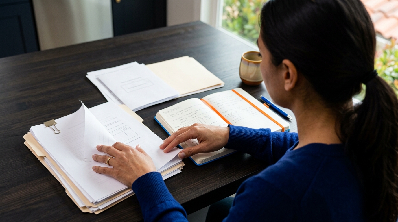 A parent organizing legal documents and a parenting journal for a california child custody case.