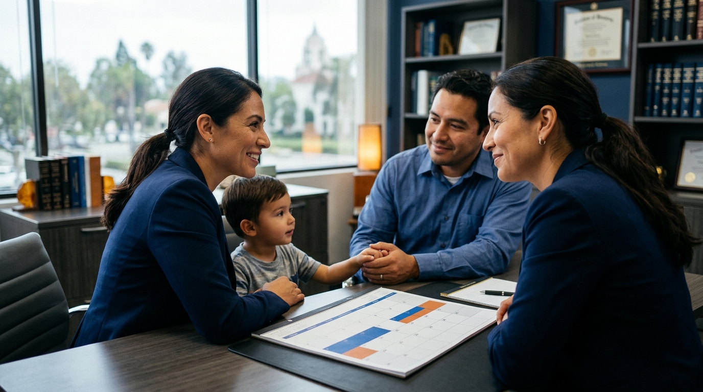 A calendar showing a joint california child custody schedule highlighted in different colors.