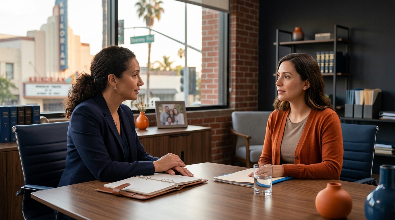A concerned parent consulting with a compassionate family law attorney in a modern Downey office regarding california child custody.