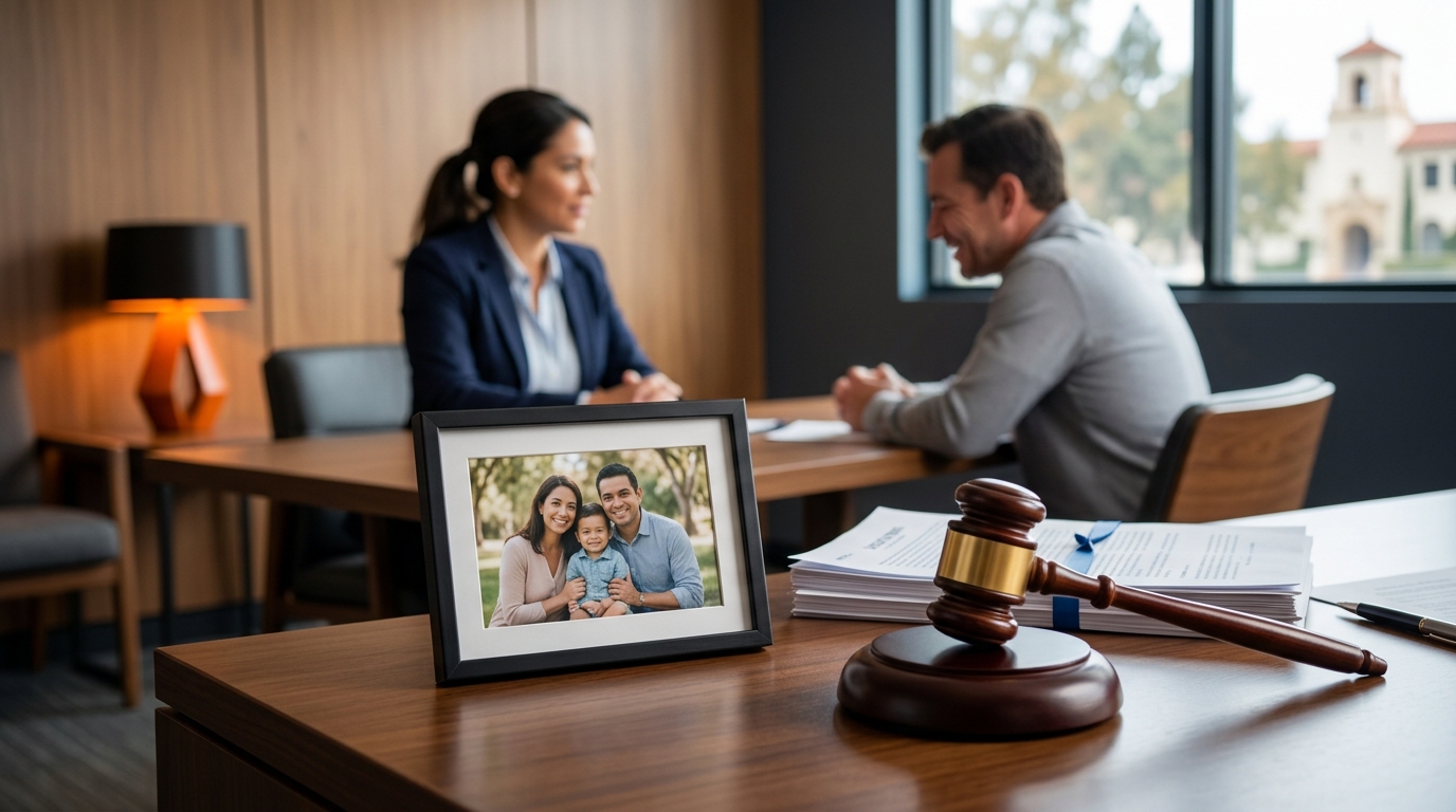 A judge's gavel resting next to a family photograph and legal documents in a California courtroom.
