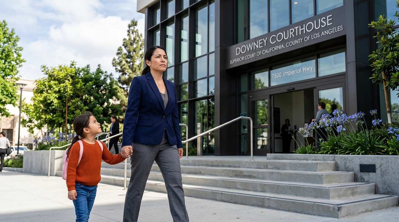 A stressed but determined parent preparing for a California child custody battle on the Downey courthouse steps.