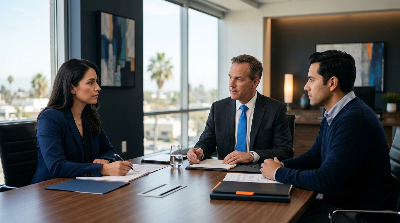 A father and mother discussing California child custody mediation options with a legal professional.