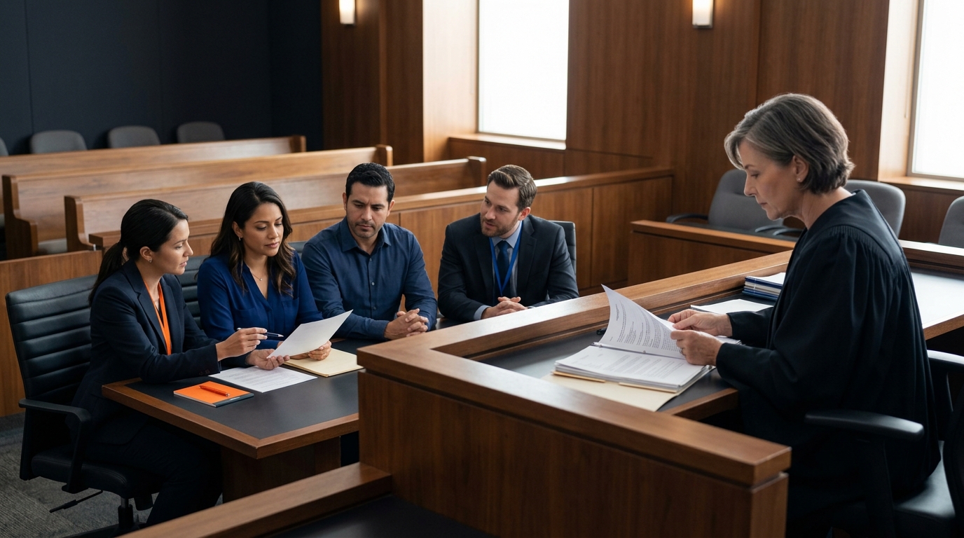 A California child custody judge reviewing documents at the bench during a family court hearing.