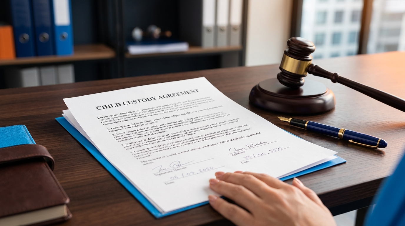 A signed California child custody agreement resting on a desk next to a legal gavel.