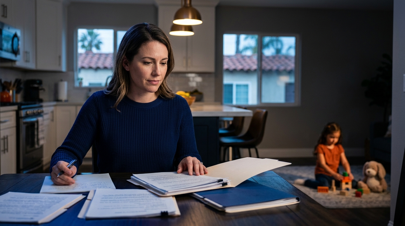 A parent preparing documents for a California child custody case at a kitchen table.