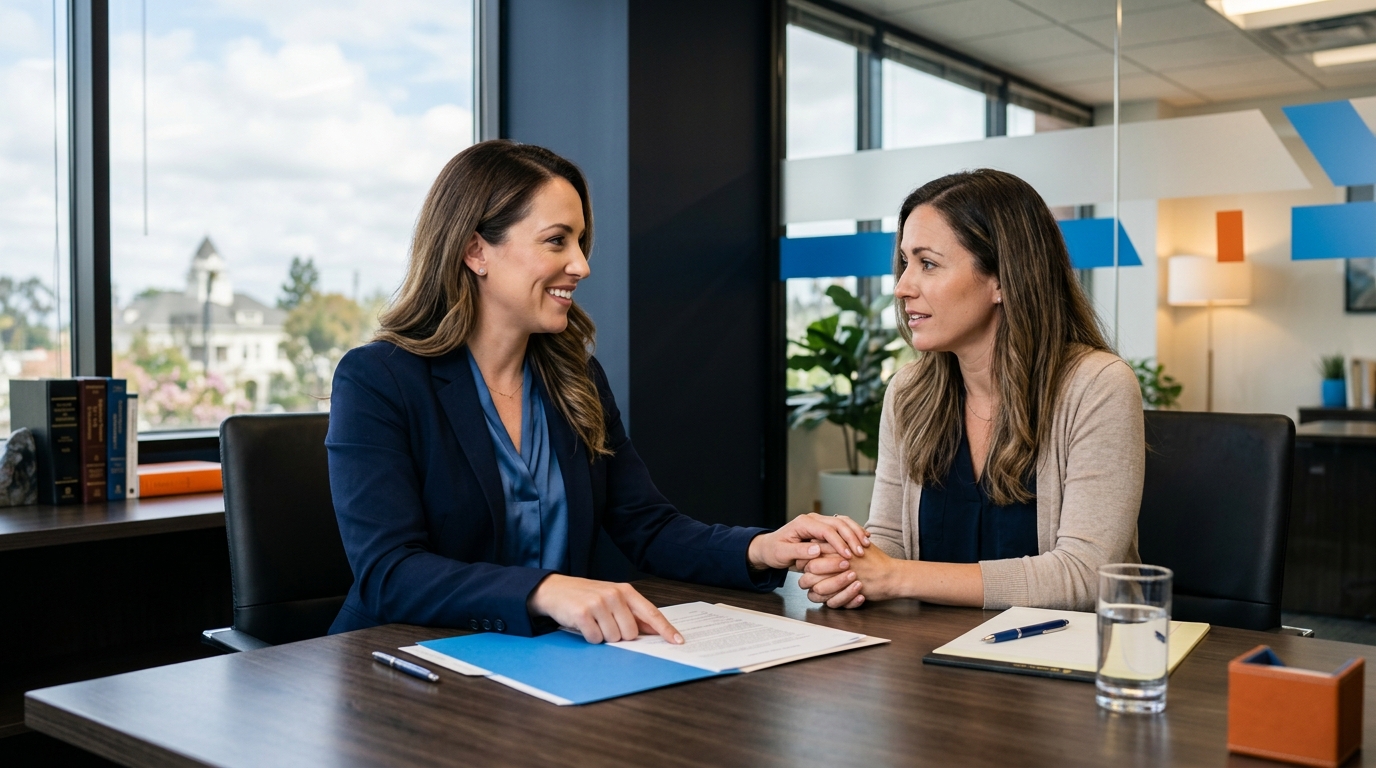 A professional family attorney explaining California child custody laws to a client.
