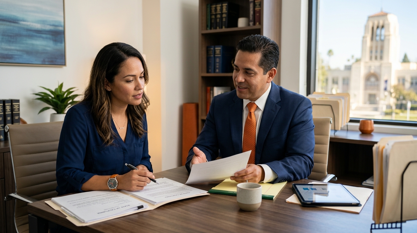 A stressed but determined parent sitting at a desk with a lawyer, reviewing child custody legal documents.