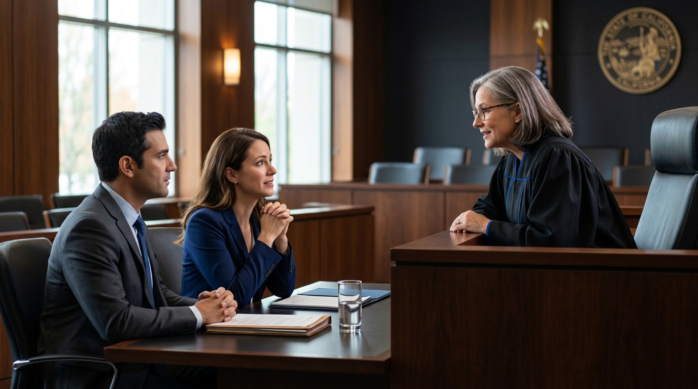 A compassionate judge in a California family court speaking gently to parents during a custody hearing.