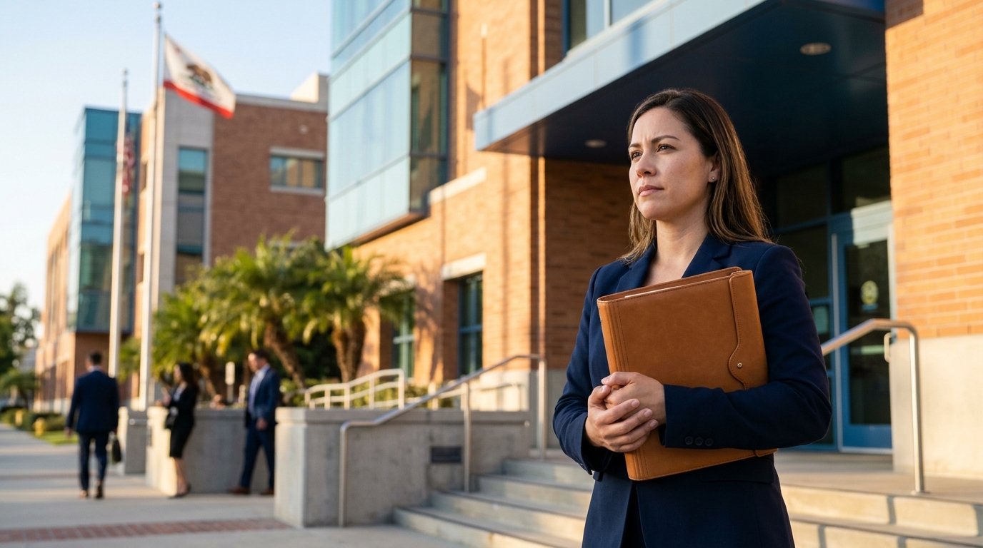 A stressed but determined parent standing outside the Downey courthouse, preparing for a California child custody hearing.
