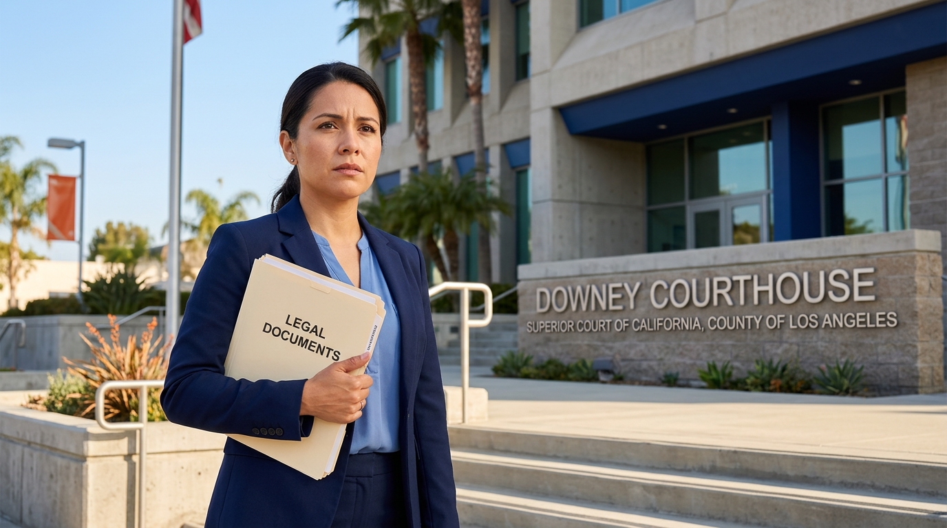 A stressed but determined parent standing outside the Downey, California courthouse, clutching legal documents.