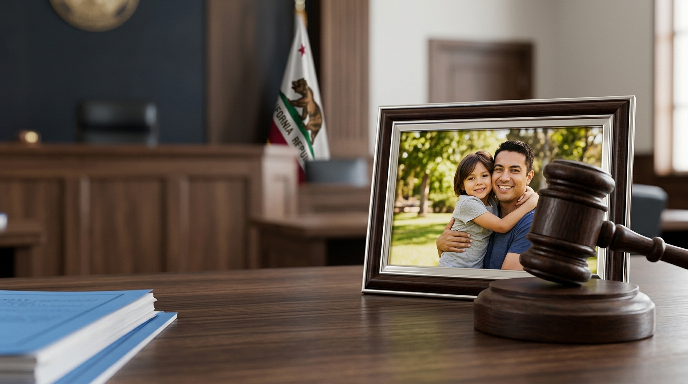 A close-up of a judge's gavel next to a family photograph, symbolizing the weight of custody decisions.