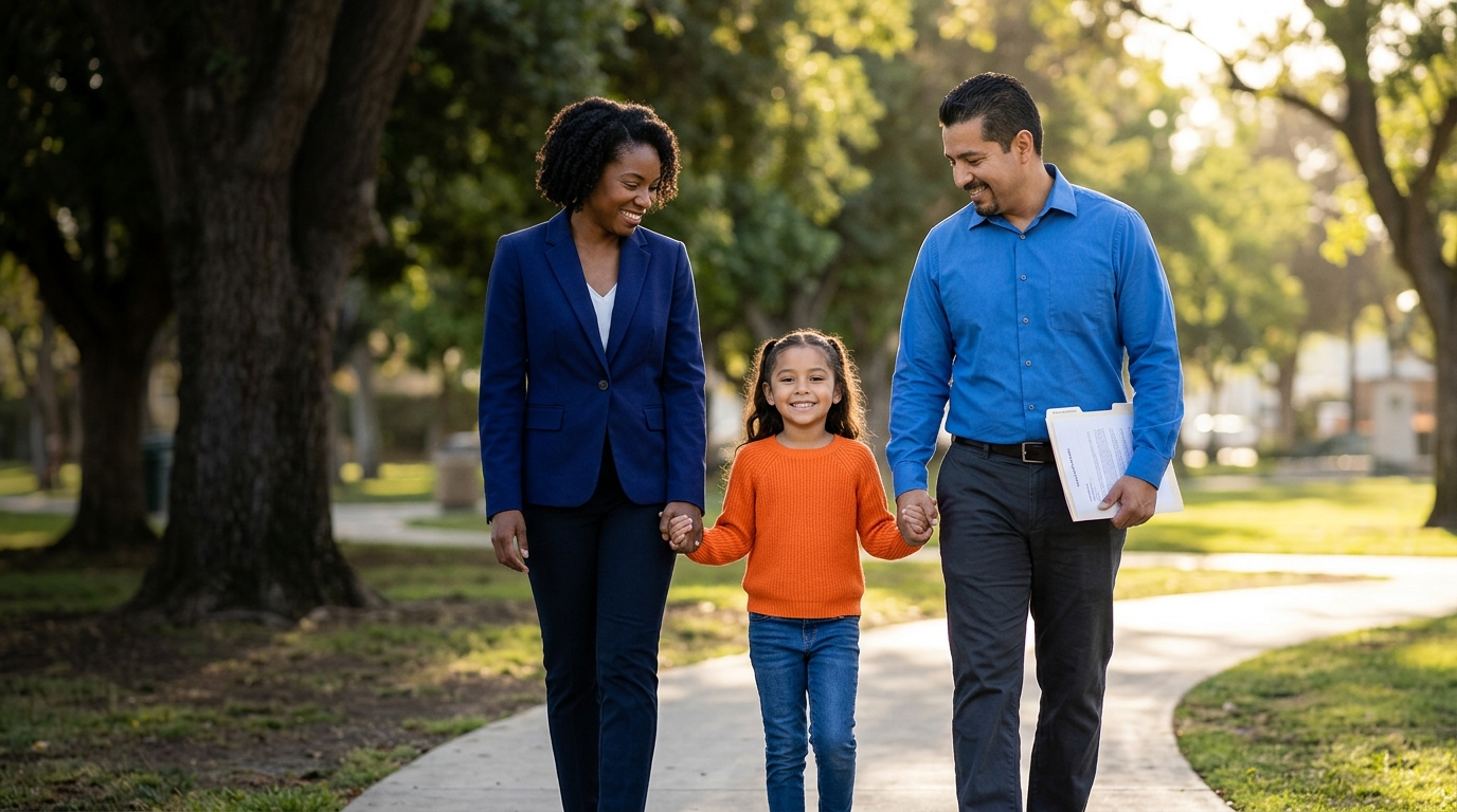 A diverse family walking in a park, representing a stable environment under California family law.