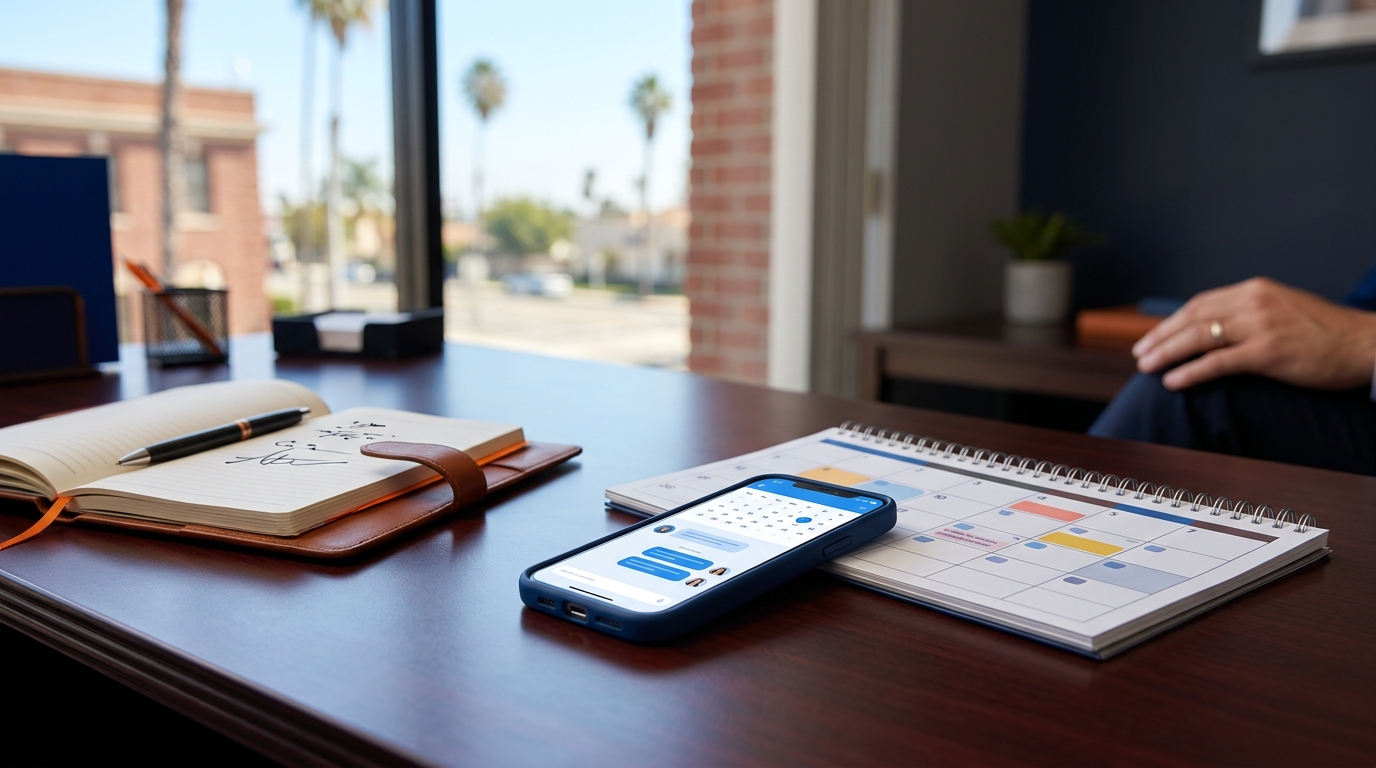 A neatly organized desk with a calendar, a notebook, and a smartphone displaying a co-parenting communication app.