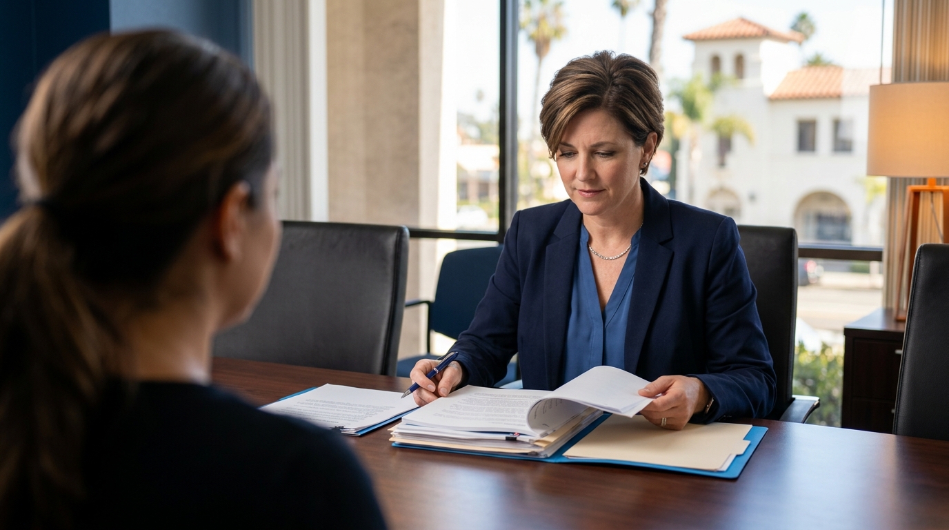 A professional attorney sitting at a conference table, reviewing legal documents with a focused and reassuring expression.