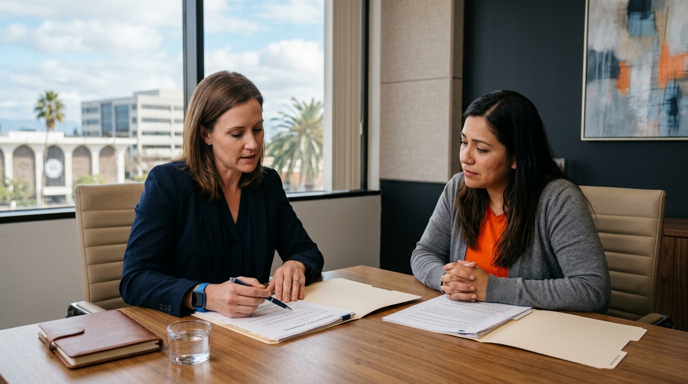 A focused, compassionate family law attorney reviewing custody documents with a stressed but hopeful parent in a professional Downey law office.