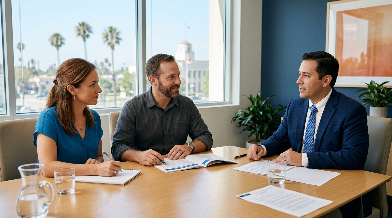 Two parents and a neutral mediator sitting around a bright conference table, calmly discussing a child custody parenting plan.