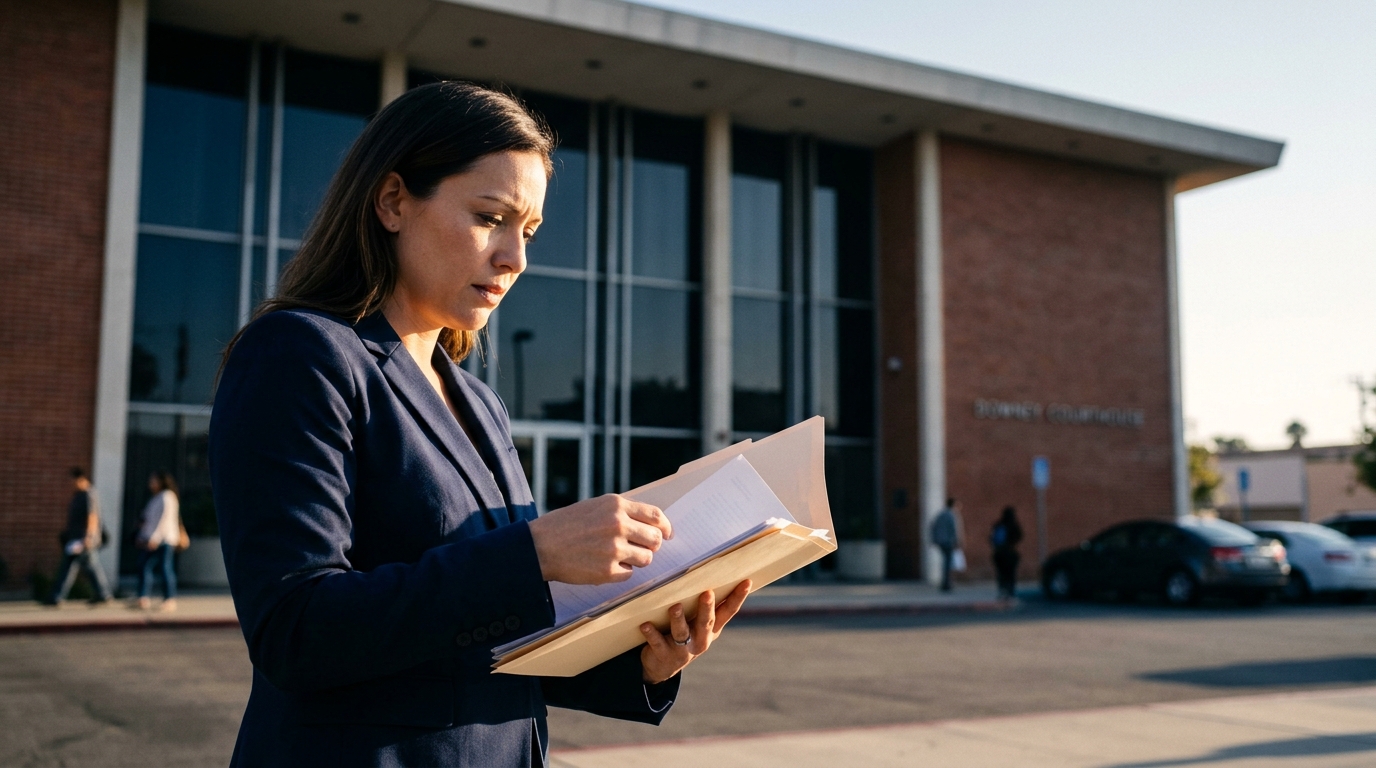 A worried parent facing a california child custody battle outside the Downey courthouse