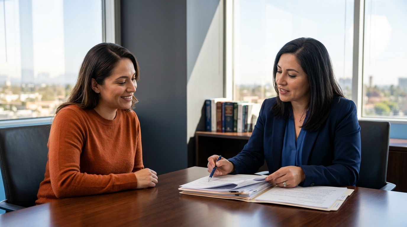 A professional legal consultation room in California with a lawyer explaining documents to a client