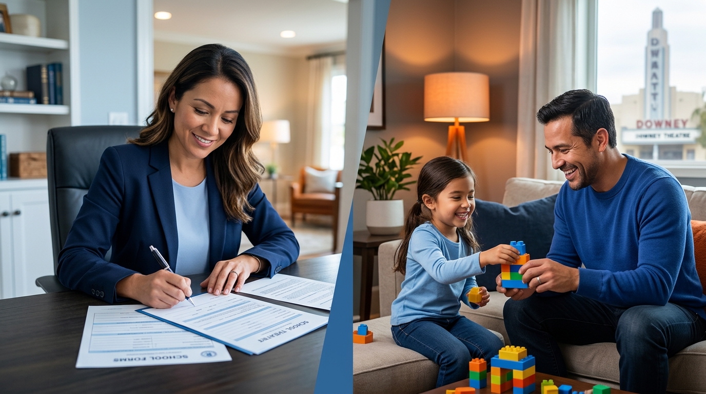 A split-screen graphic showing the difference between legal custody and physical custody in a california child custody case.