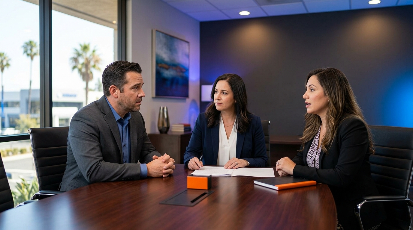 A concerned father and mother sitting at a mediation table discussing california child custody options.