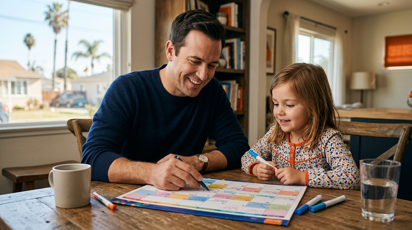A father and daughter planning their schedule, highlighting fathers rights california custody options.