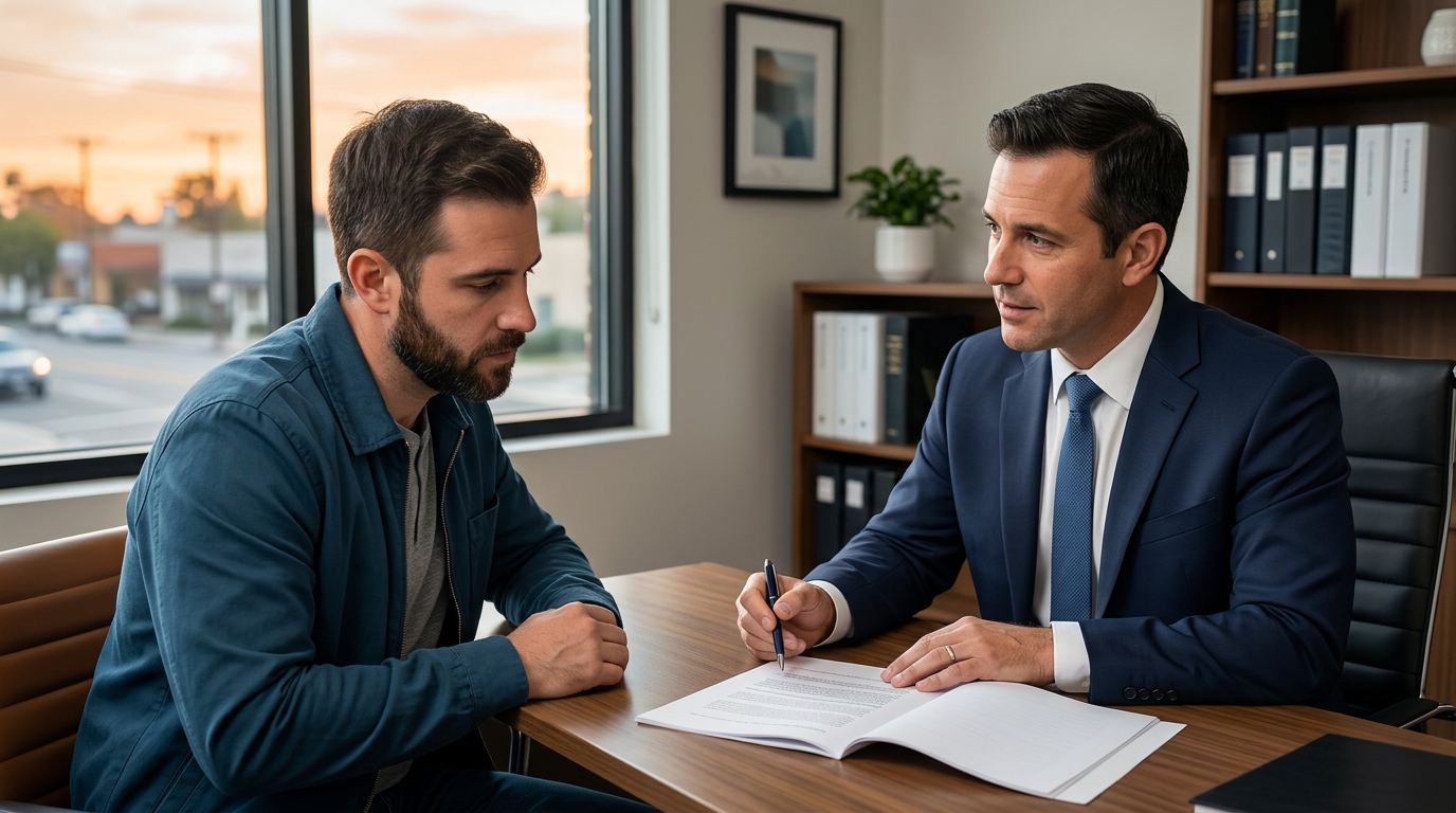 A professional family law attorney discussing fathers rights california with a client.