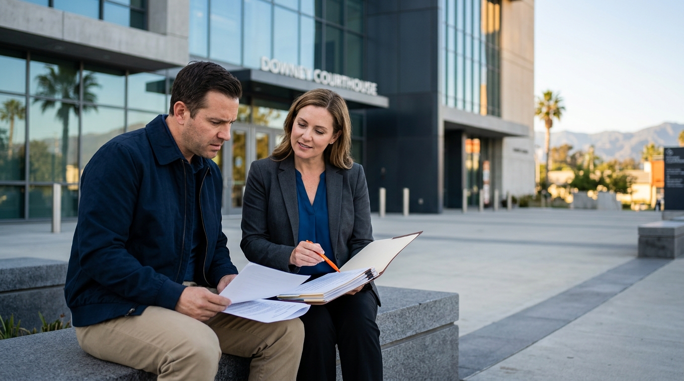 A worried father sitting on a bench outside the Downey courthouse, reviewing legal documents with his attorney.