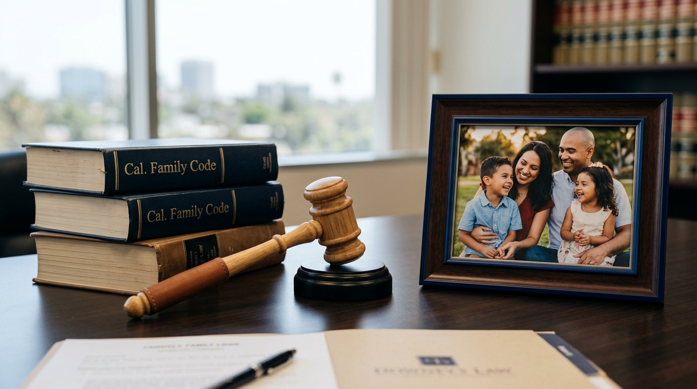 A judge's gavel resting next to a family photograph and a stack of California family law code books.
