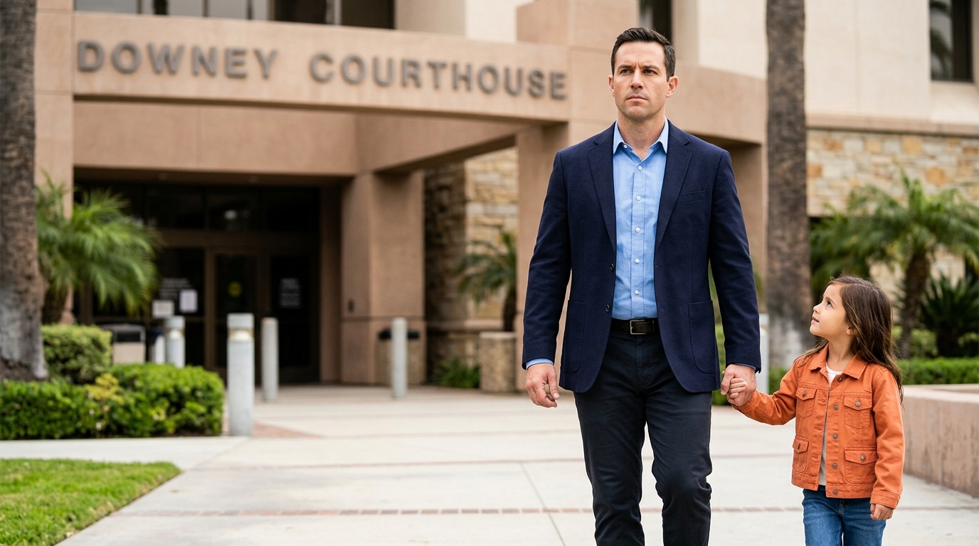 A concerned father holding his young daughter's hand while standing outside the Downey courthouse, looking determined.
