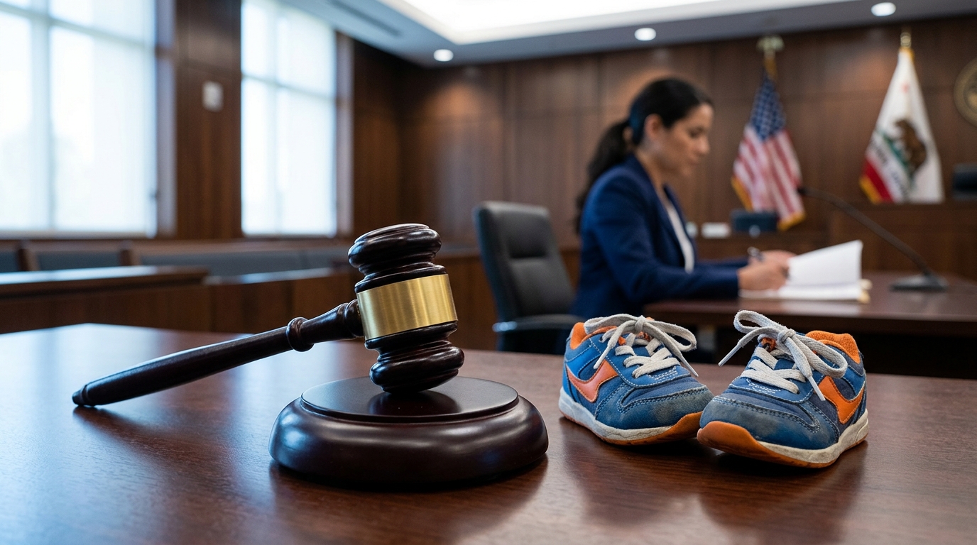 A judge's gavel resting next to a pair of children's shoes on a polished wooden desk inside a California courtroom.
