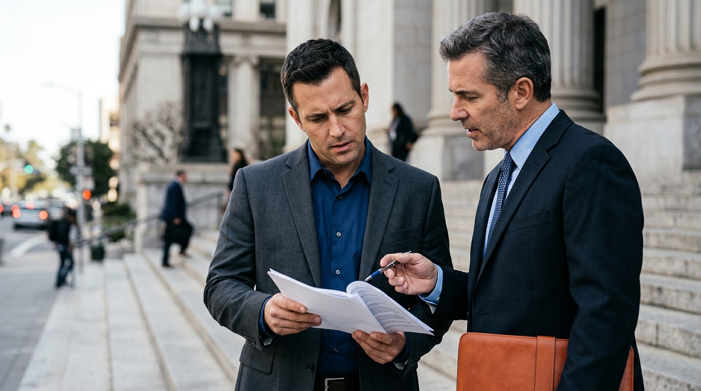 A concerned but resolute father standing outside the Downey courthouse, reviewing California family law documents with his attorney.