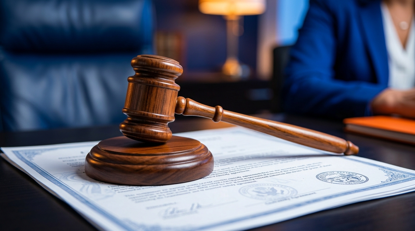 A close-up of a judge's wooden gavel resting on a detailed California child custody agreement document.
