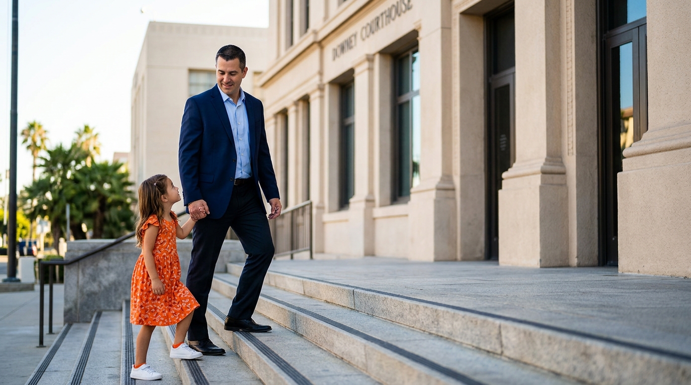 A father holding his young daughter's hand while walking up the steps of the Downey courthouse, fighting for California father's rights.