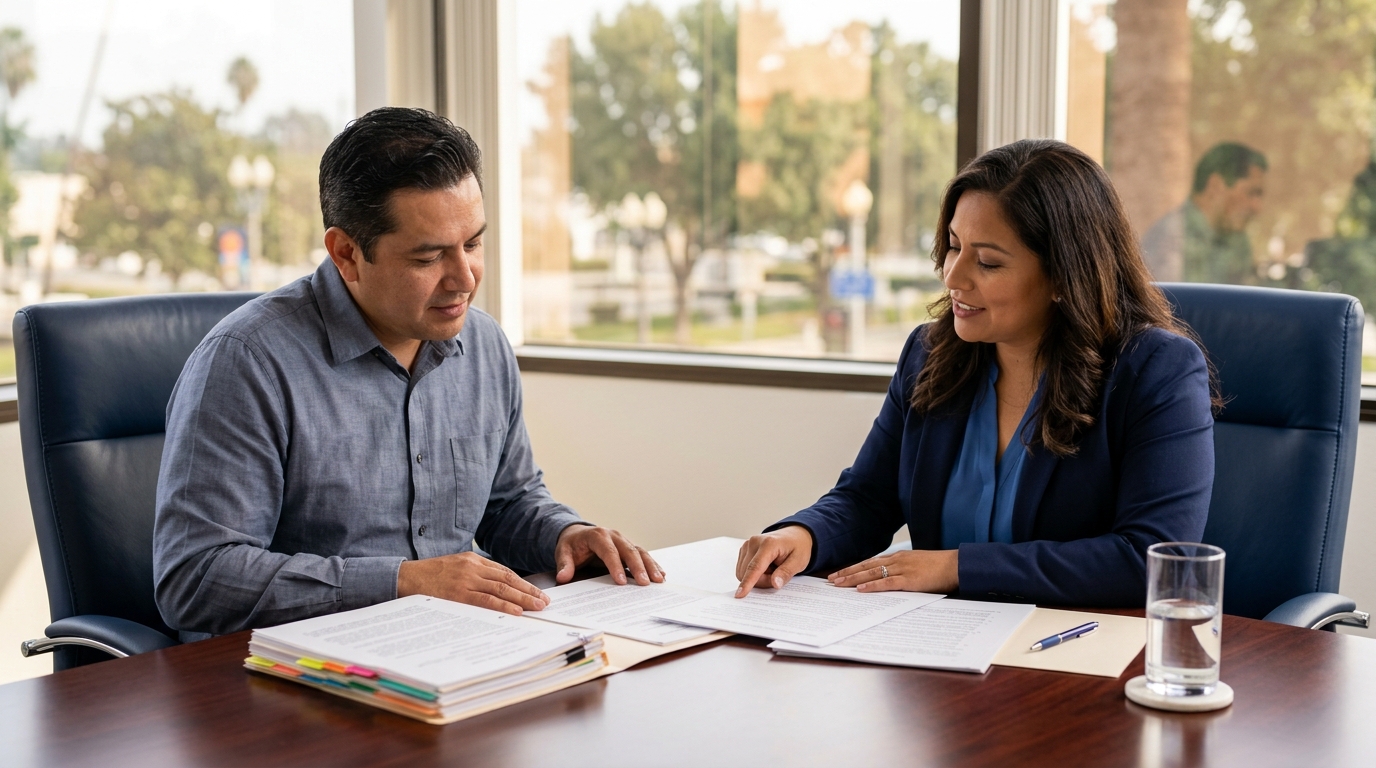A close-up of a father reviewing legal documents with his family lawyer across a polished conference table.