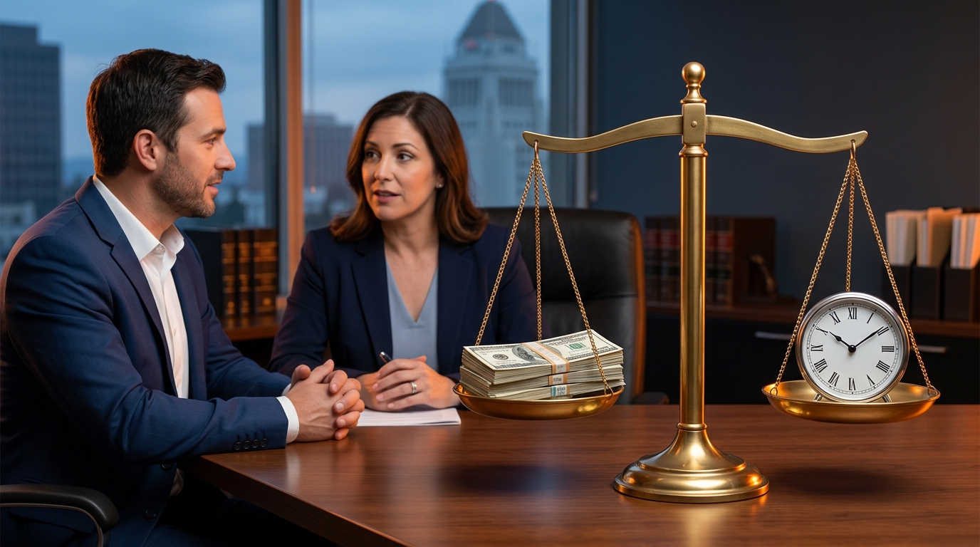 An infographic showing a balanced scale, with a stack of money representing income on one side and a clock representing parenting time on the other.