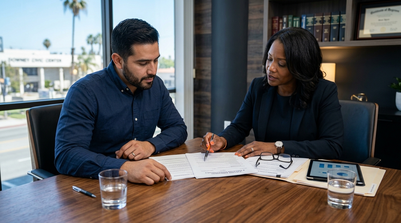 A close-up of a father and his family lawyer reviewing custody agreement paperwork at a sleek wooden conference table.