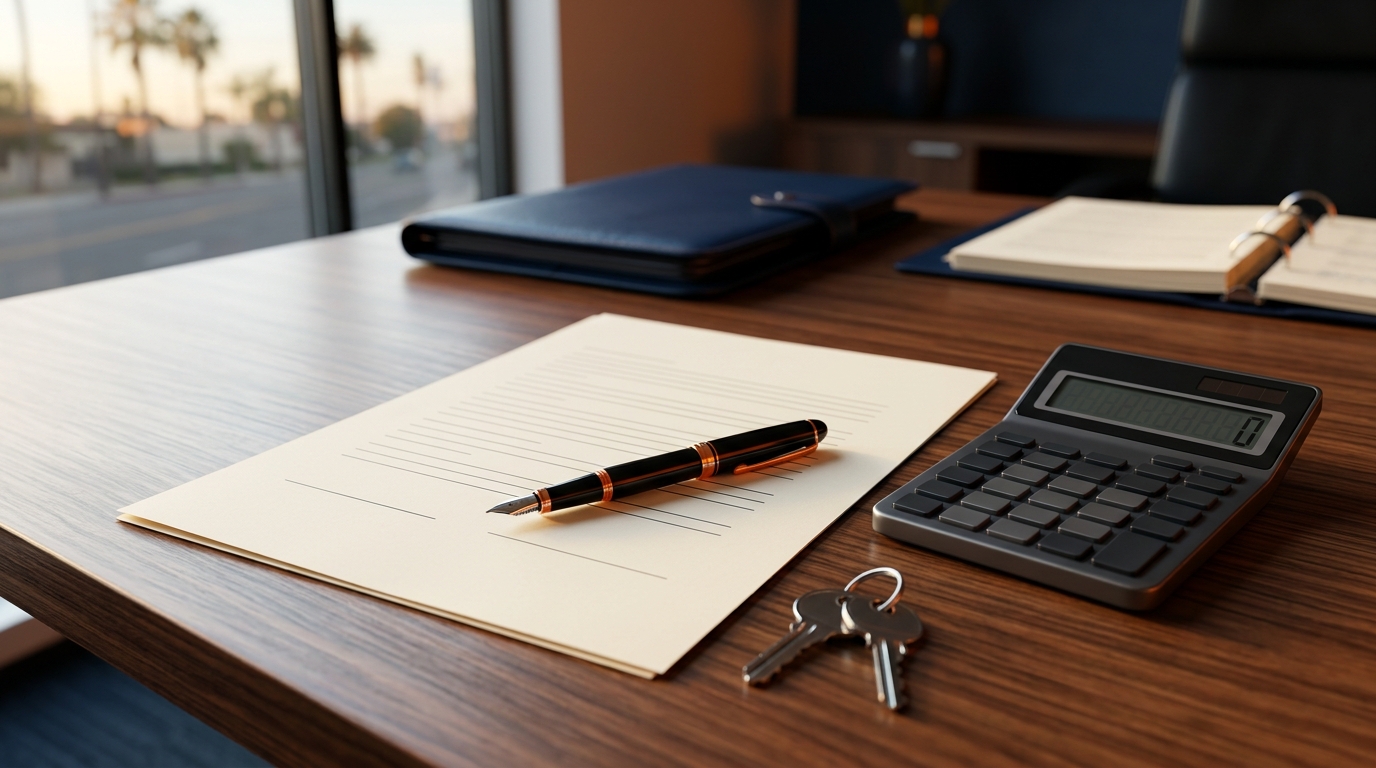 A close-up of a legal document titled "California Child Custody Agreement" resting on a desk next to a calculator and a pen.