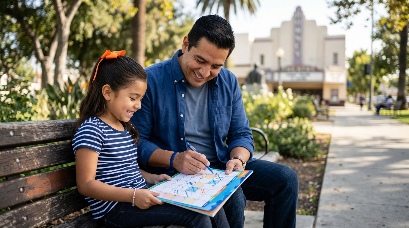 A father and daughter sitting on a park bench, reviewing a colorful calendar together for their california custody agreement.