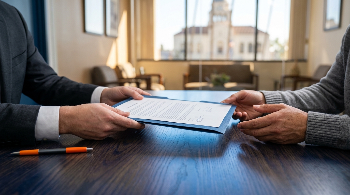 A close-up of a lawyer's hands passing a legally drafted california custody agreement across a polished oak desk.