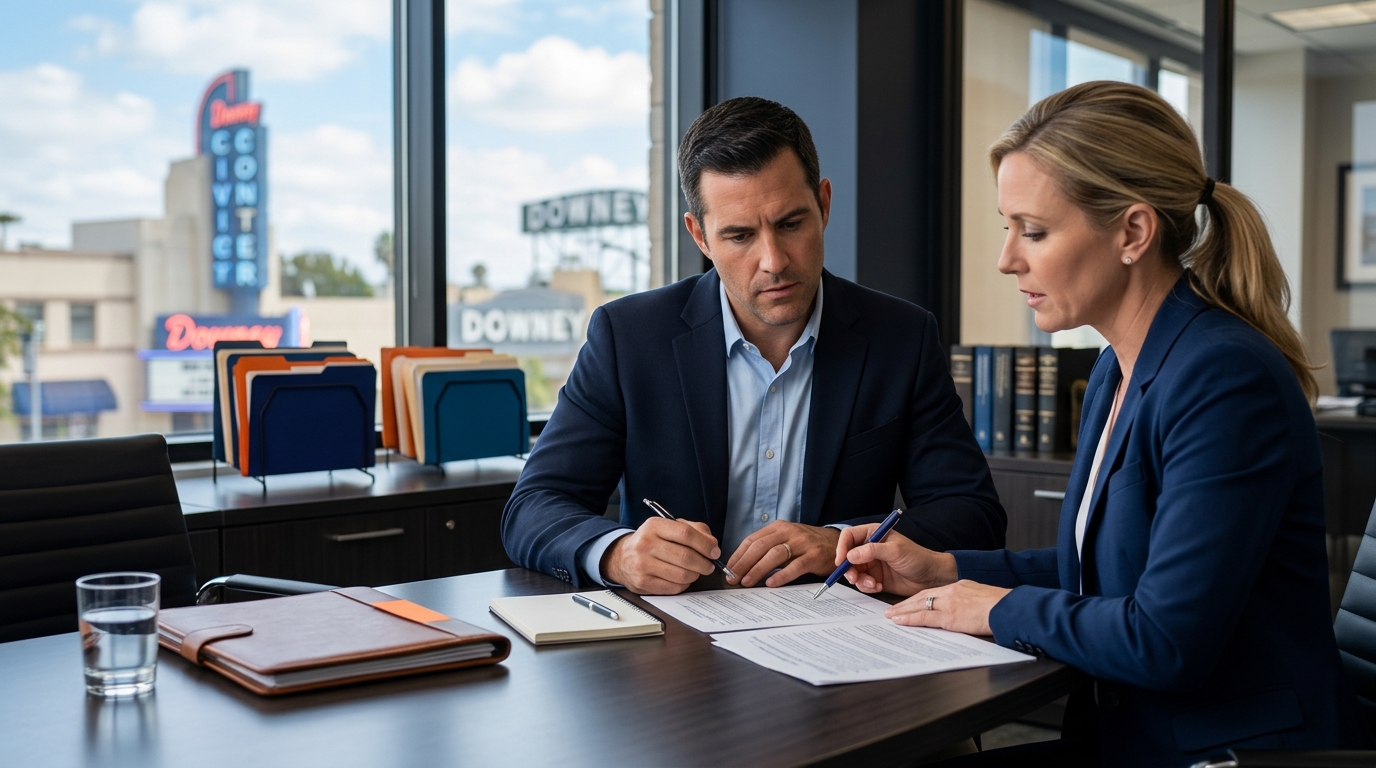 A concerned but resolute father consulting with his family lawyer in a modern Downey law office, reviewing custody documents.