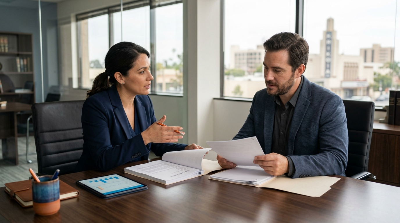 A father and a family lawyer discussing father's rights california laws at a polished conference table.