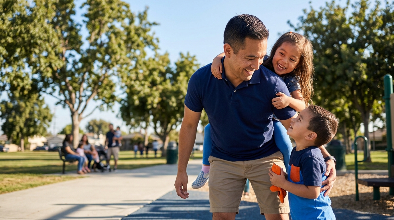 A loving father in Downey, California, smiling and playing at a local park with his two young children on a sunny afternoon.
