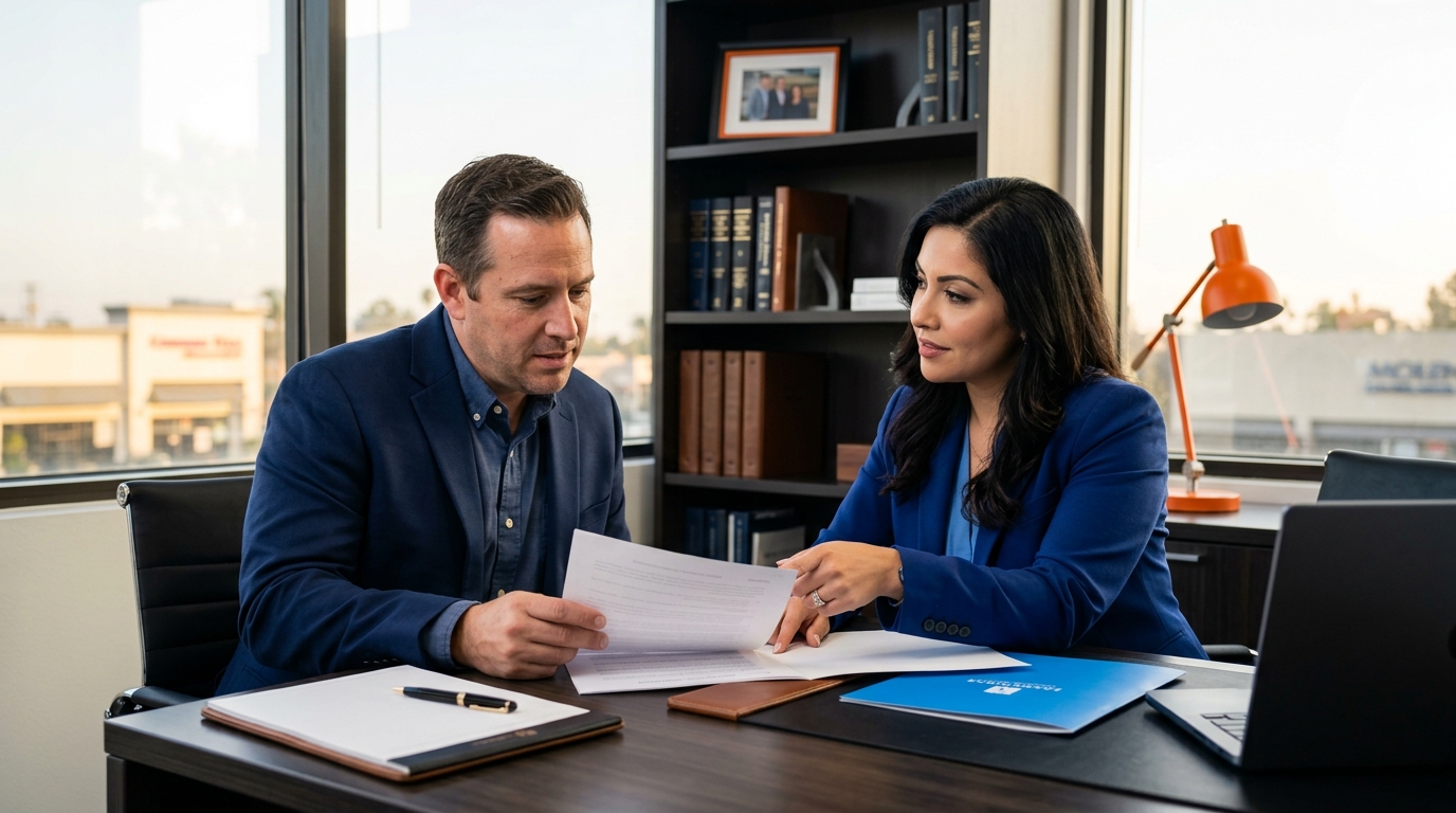 A concerned father consulting with a professional family lawyer about fathers rights ca in a modern Downey, California law office.