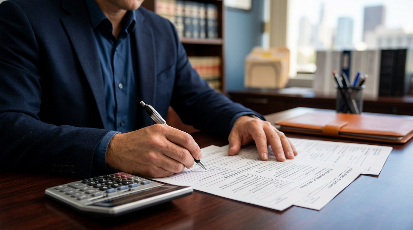 A close-up of hands filling out complex California family law financial disclosure forms with a calculator and pen nearby.