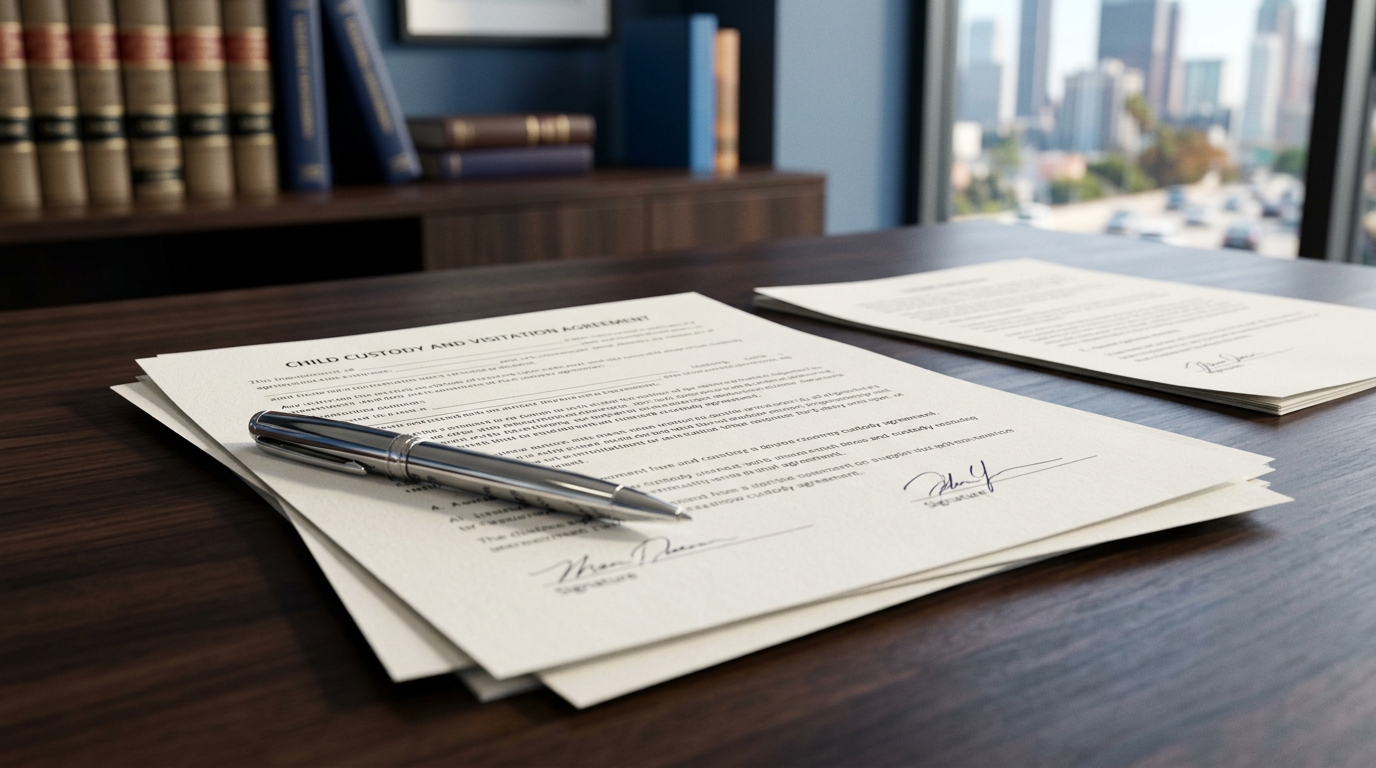 A close-up of legal documents detailing a California child custody agreement, with a silver pen resting on top of the paperwork.