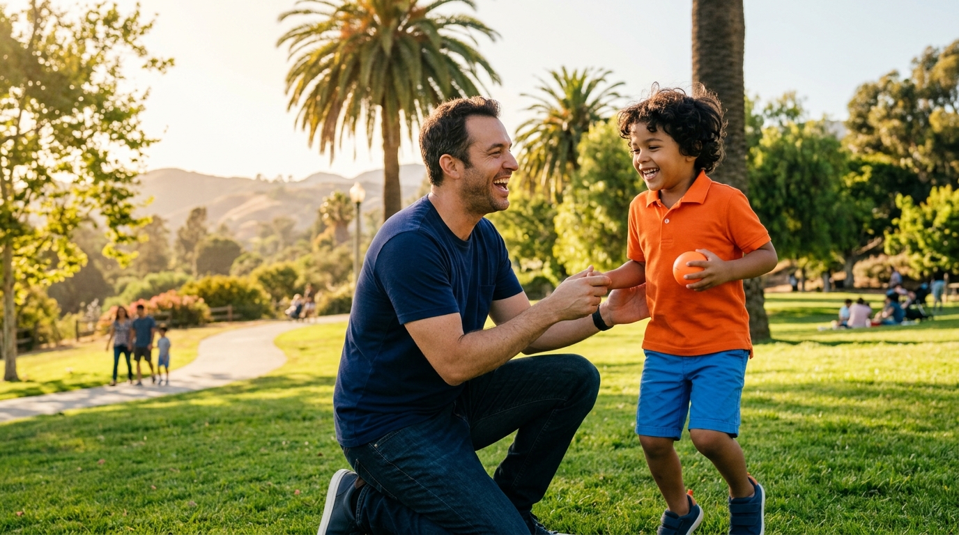 A father and child happily playing together in a sunny California park, demonstrating a strong, healthy parental relationship.