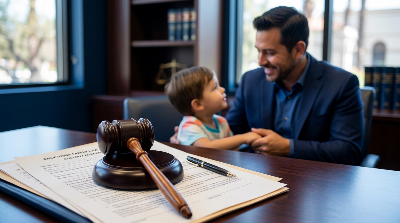 A judge's gavel resting on California family law documents next to a blurred photo of a father and child.