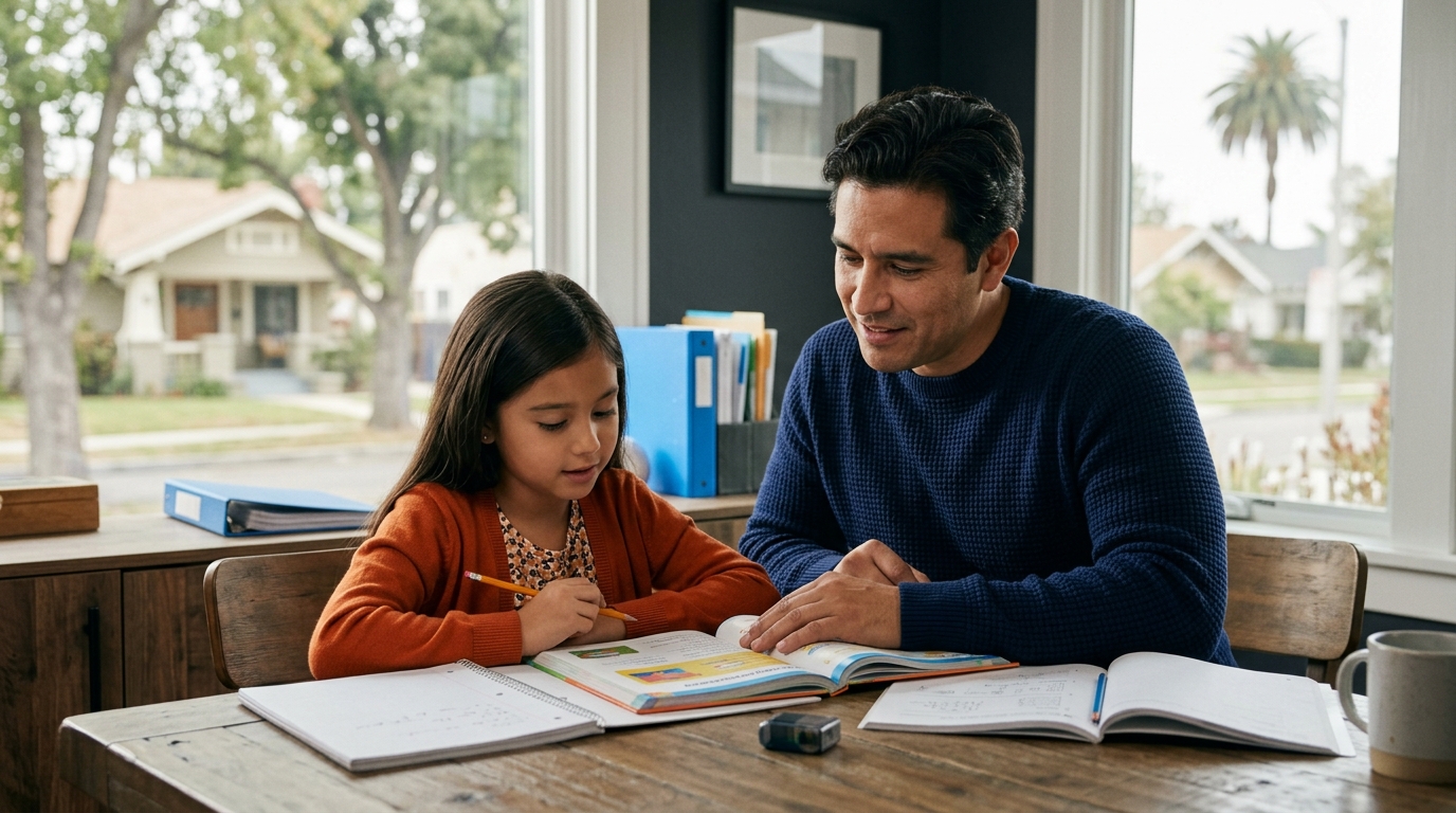 A father and daughter reviewing homework together at a kitchen table, demonstrating compliance with california child custody rules.