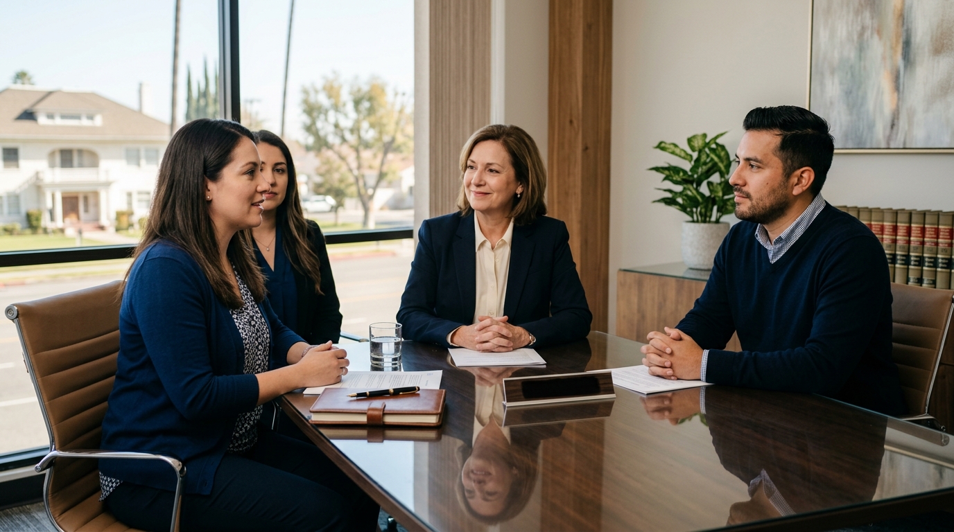 Two parents and a mediator sitting around a conference table engaged in a productive, calm discussion.