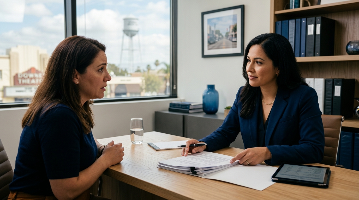 A compassionate family lawyer explaining the california child custody rules to an anxious parent in a modern California law office.